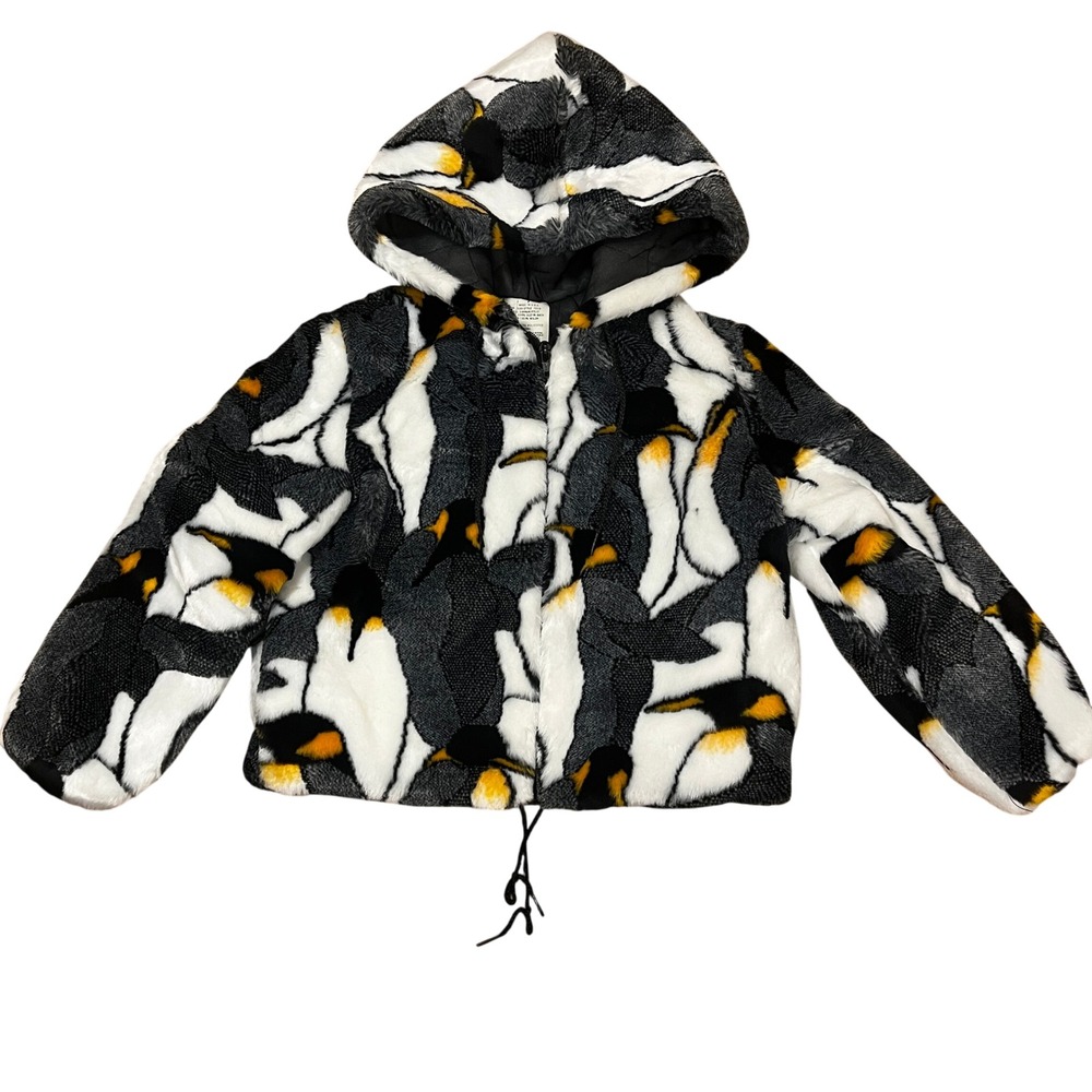 Vintage 90s NWT Penguin Print‎ Faux Fur Hooded Jacket Quilted 7 Kidcore Cozy